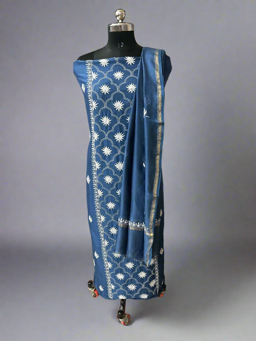 Lucknowi Chikankari Unstitched Blue Chanderi Kurta-Dupatta Fabric-PG400055