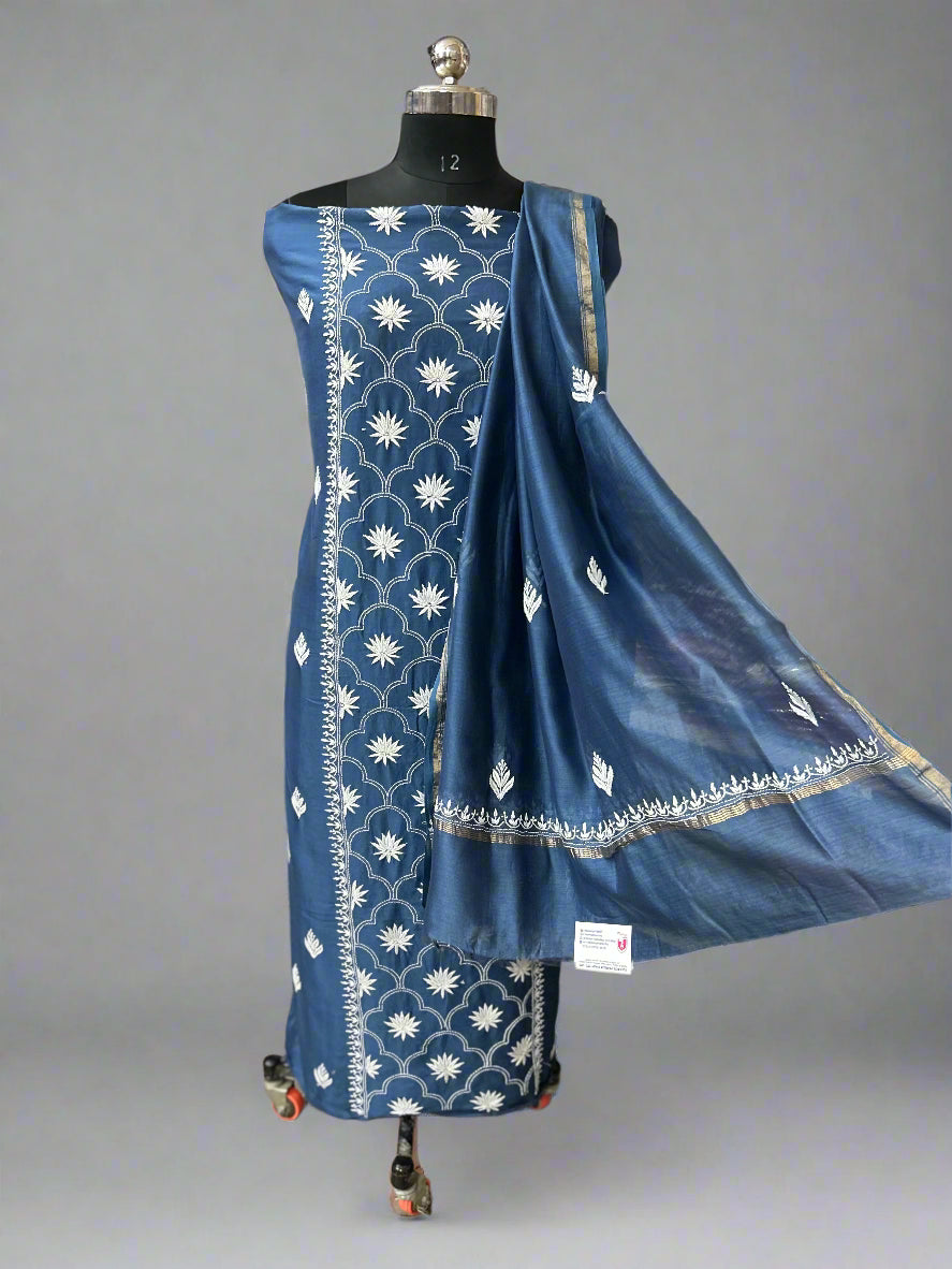 Lucknowi Chikankari Unstitched Blue Chanderi Kurta-Dupatta Fabric-PG400055