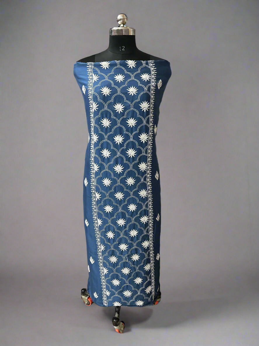 Lucknowi Chikankari Unstitched Blue Chanderi Kurta-Dupatta Fabric-PG400055