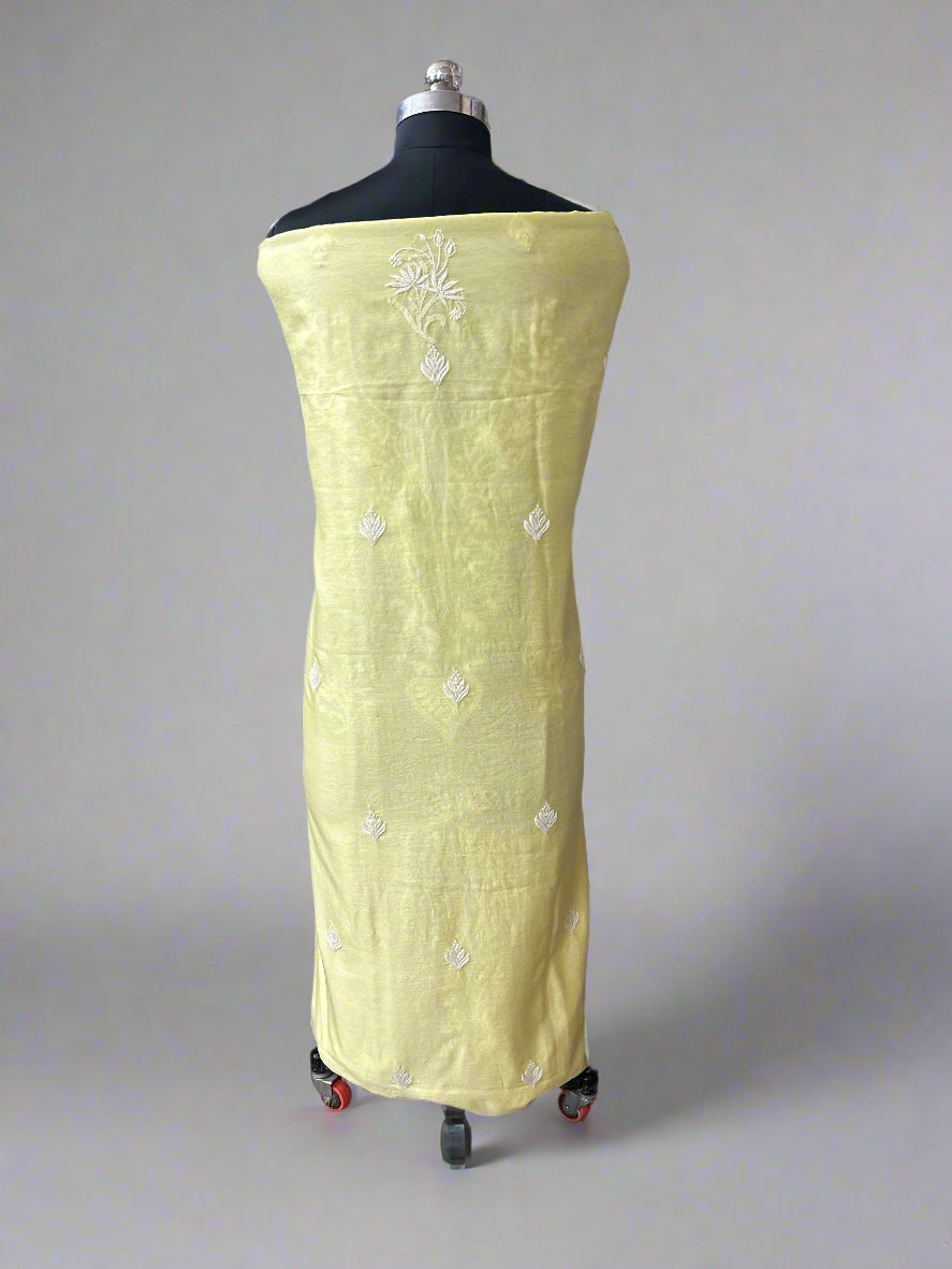 Lucknowi Chikankari Unstitched Yellow Chanderi Kurta-Dupatta Fabric-PG400053