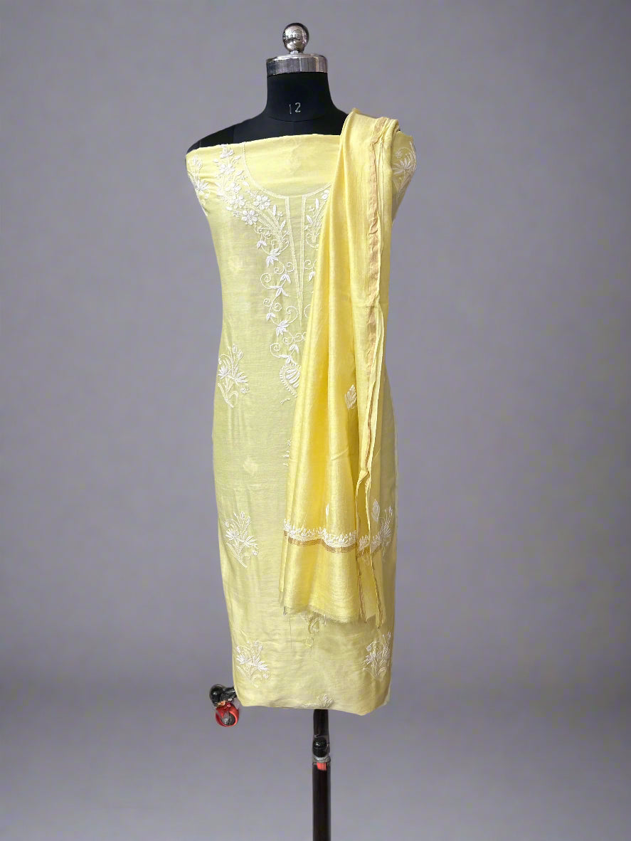 Lucknowi Chikankari Unstitched Yellow Chanderi Kurta-Dupatta Fabric-PG400053