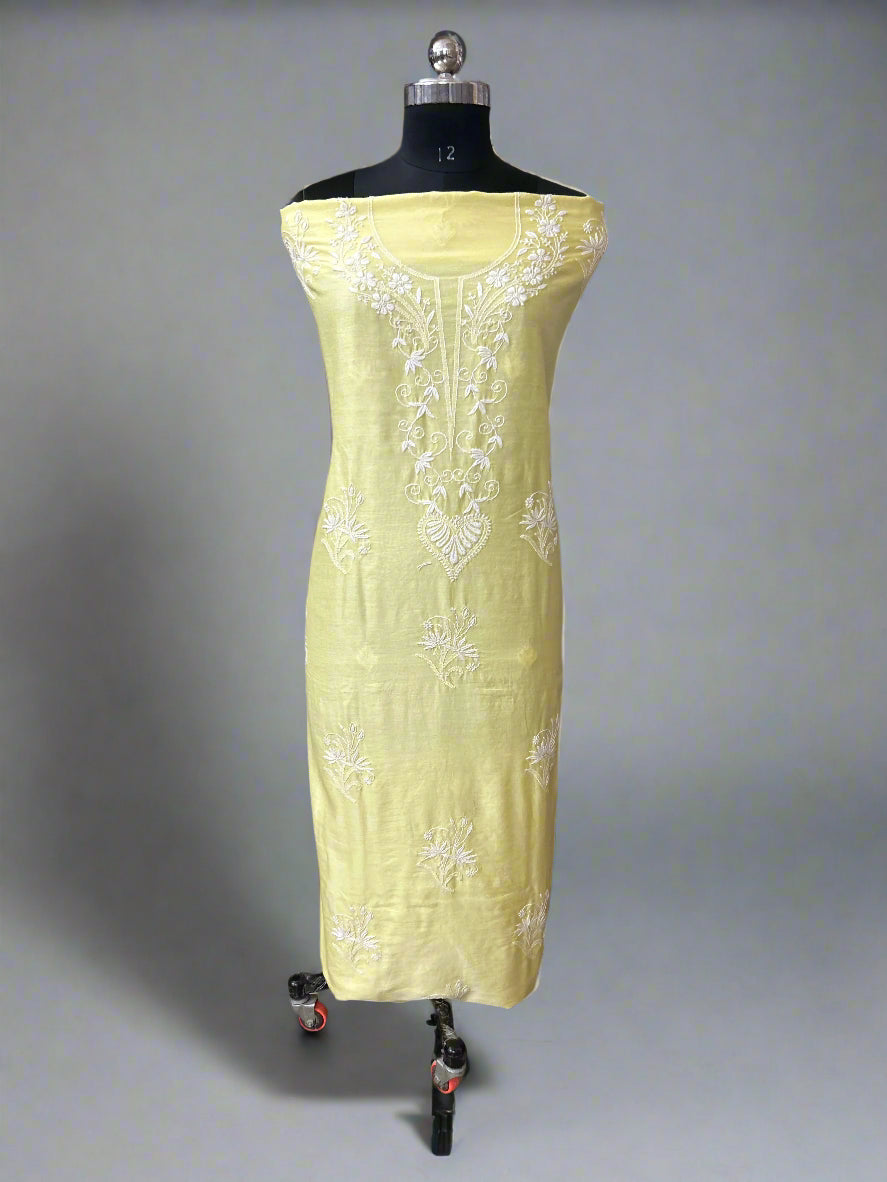 Lucknowi Chikankari Unstitched Yellow Chanderi Kurta-Dupatta Fabric-PG400053