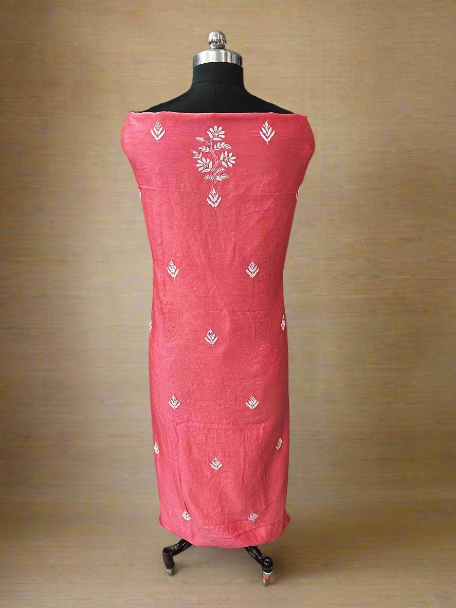 Lucknowi Chikankari Unstitched Coral Pink Chanderi Kurta-Dupatta Fabric-PG400059