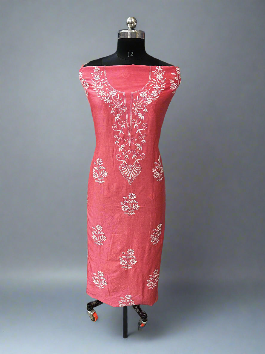 Lucknowi Chikankari Unstitched Coral Pink Chanderi Kurta-Dupatta Fabric-PG400059