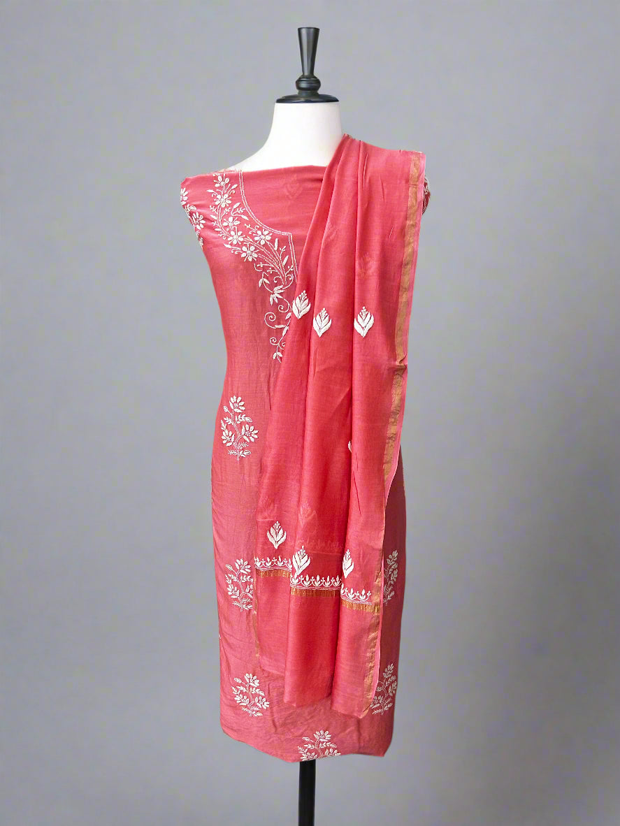 Lucknowi Chikankari Unstitched Coral Pink Chanderi Kurta-Dupatta Fabric-PG400059