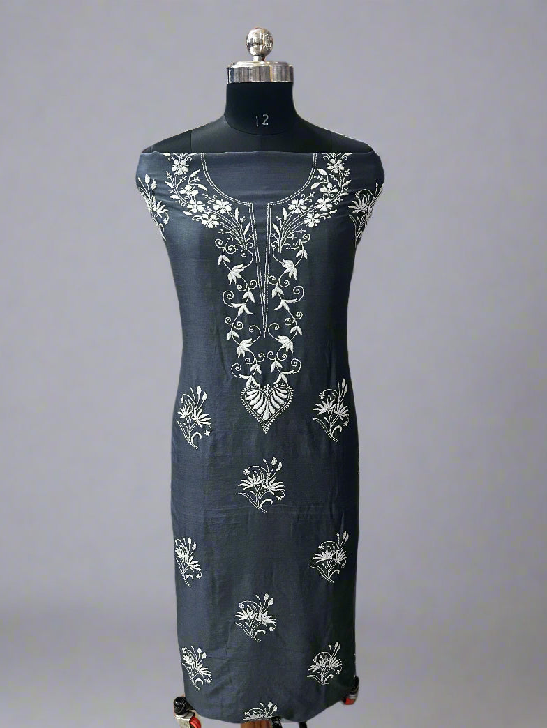 Lucknowi Chikankari Unstitched Grey Chanderi Kurta-Dupatta Fabric-PG400058