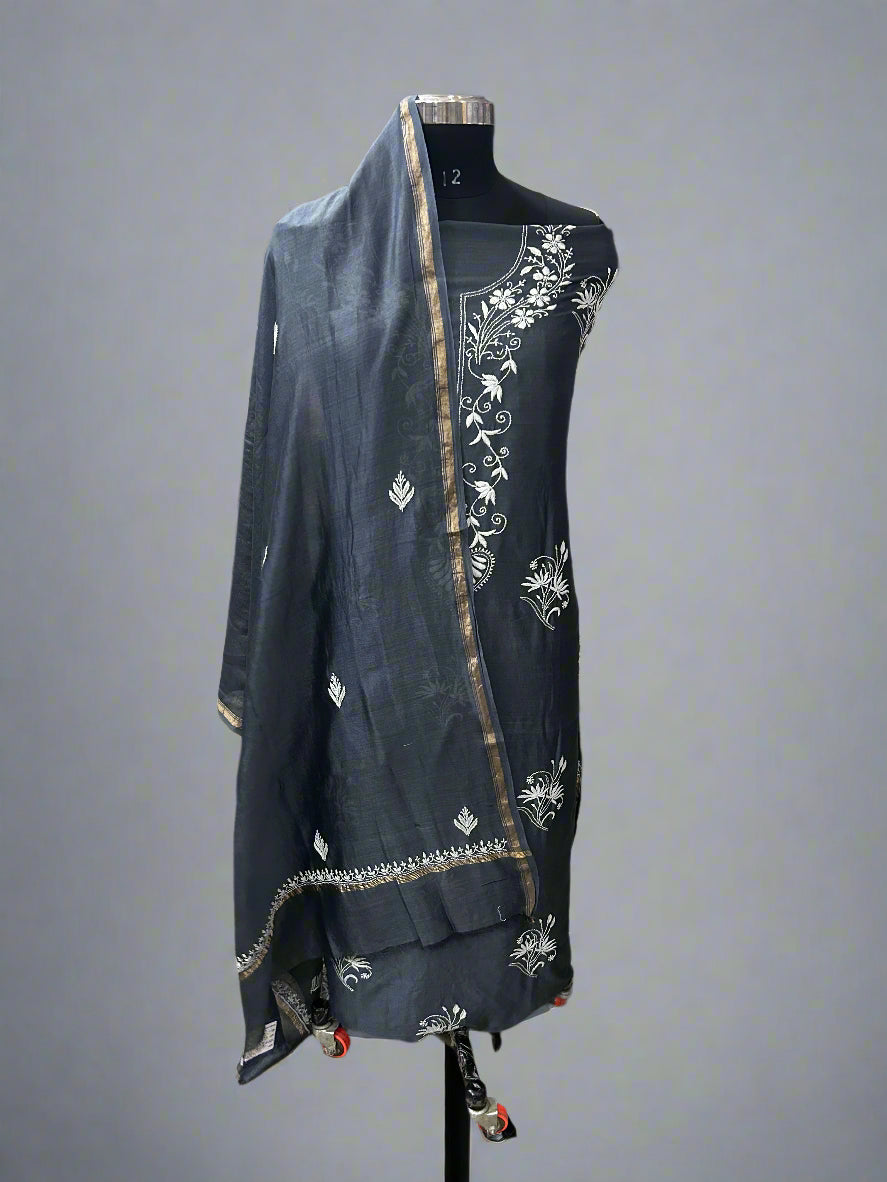 Lucknowi Chikankari Unstitched Grey Chanderi Kurta-Dupatta Fabric-PG400058