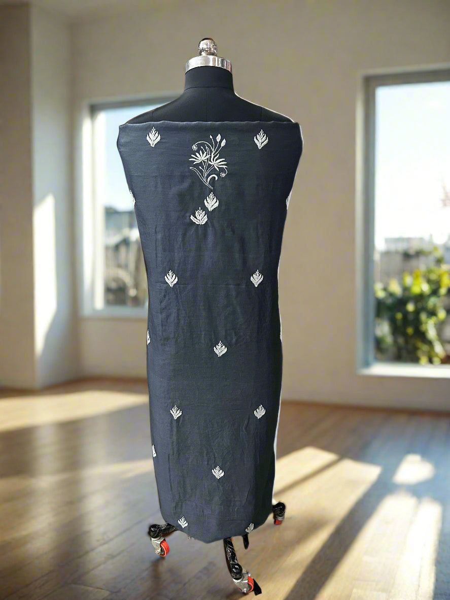 Lucknowi Chikankari Unstitched Grey Chanderi Kurta-Dupatta Fabric-PG400058