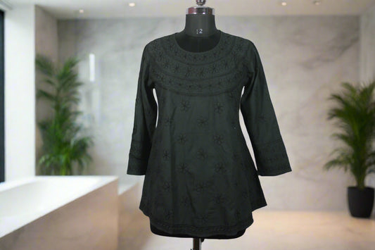 Lucknowi Chikankari Black Cotton Short Kurti-T50001