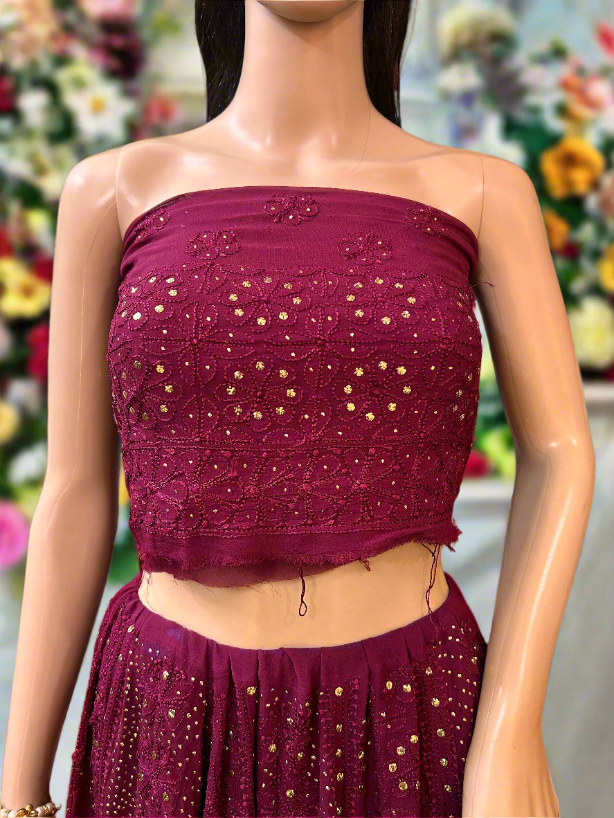 Lucknowi Chikankari Wine Viscose Lehenga-Blouse-Dupatta-PF200002