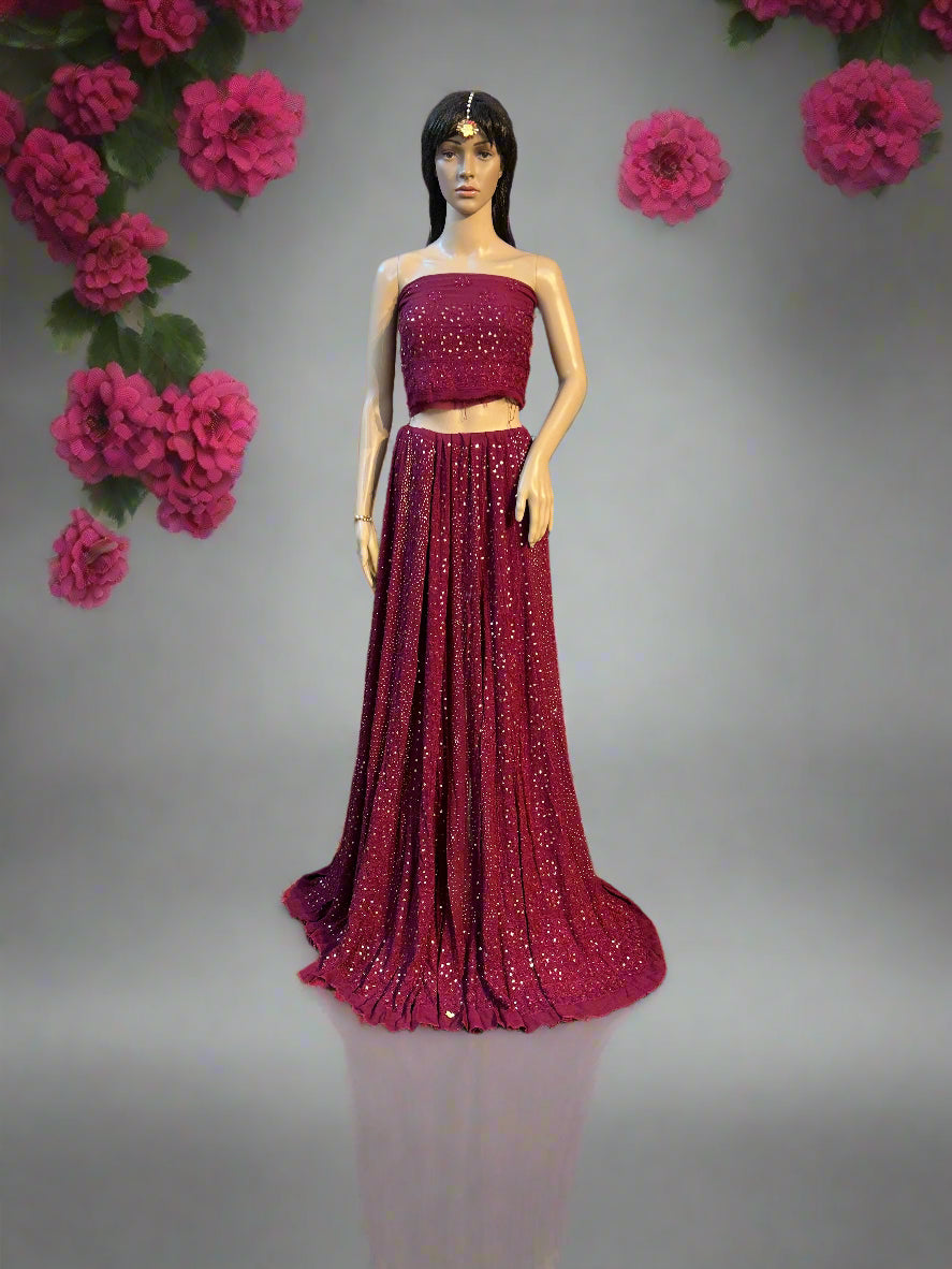 Lucknowi Chikankari Wine Viscose Lehenga-Blouse-Dupatta-PF200002