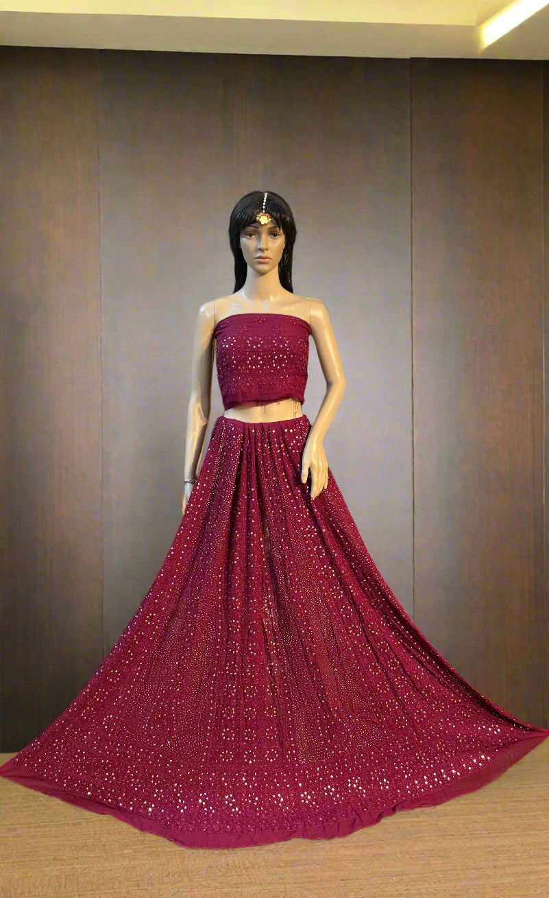 Lucknowi Chikankari Wine Viscose Lehenga-Blouse-Dupatta-PF200002