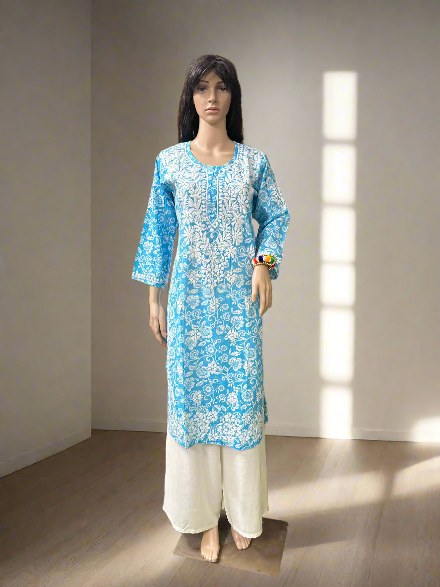 Lucknowi Chikankari Blue Printed Cotton Kurti-K000079