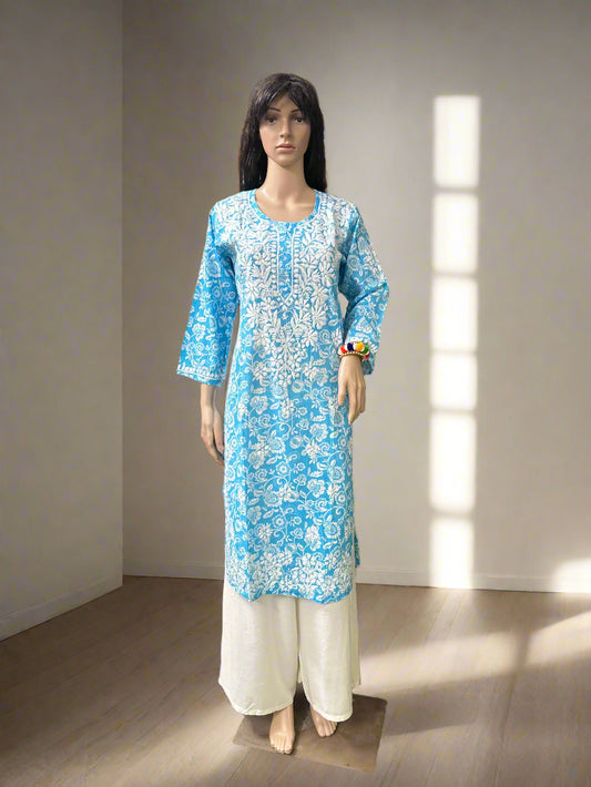 Lucknowi Chikankari Blue Printed Cotton Kurti-K000079