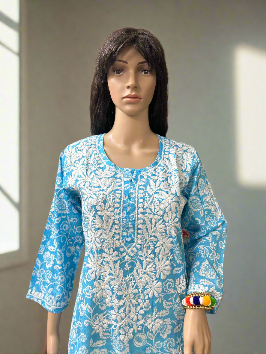 Lucknowi Chikankari Blue Printed Cotton Kurti-K000079