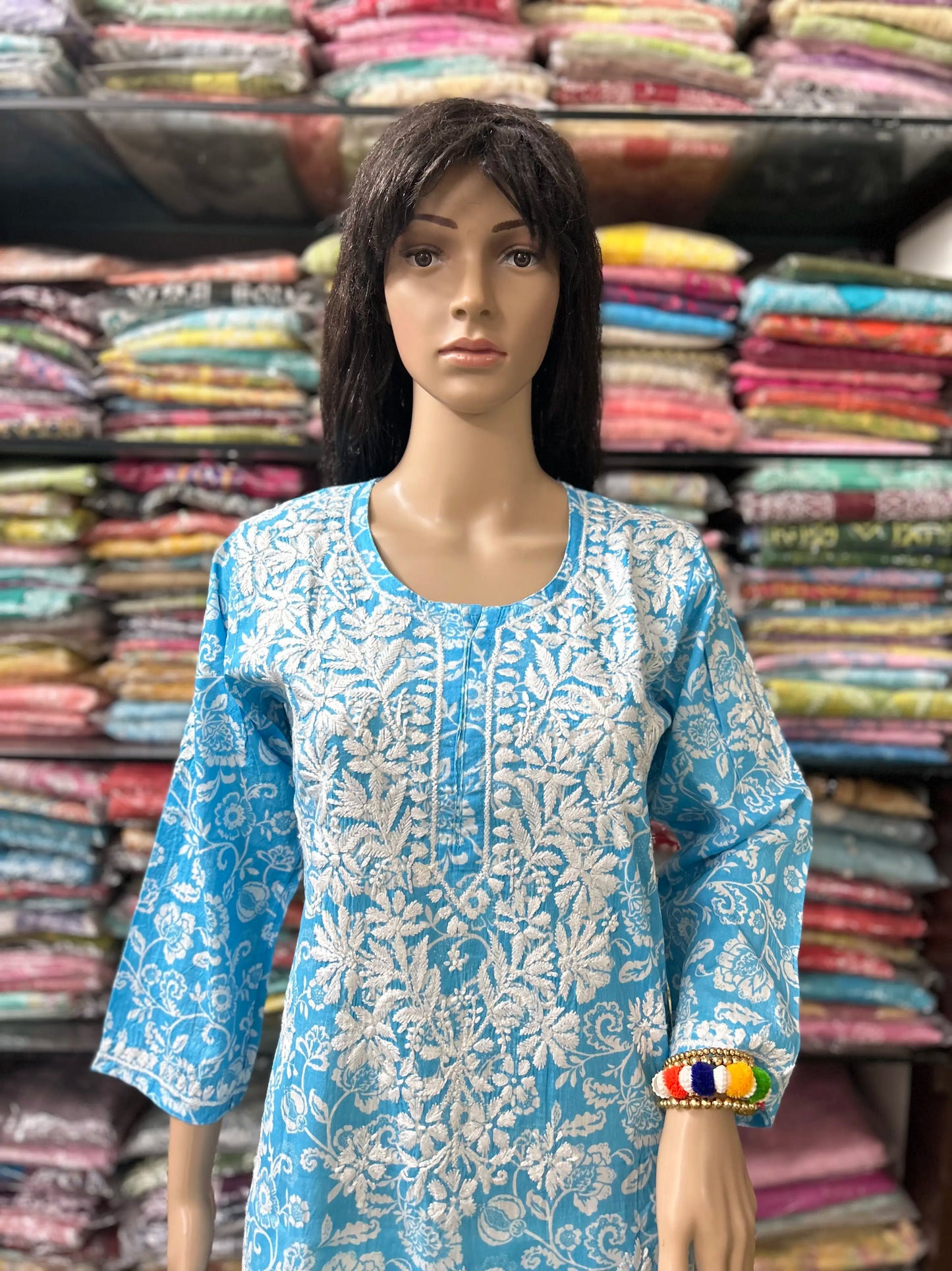 Lucknowi Chikankari Blue 'Aab-e-Asmaan' Printed Cotton Kurti-K000079