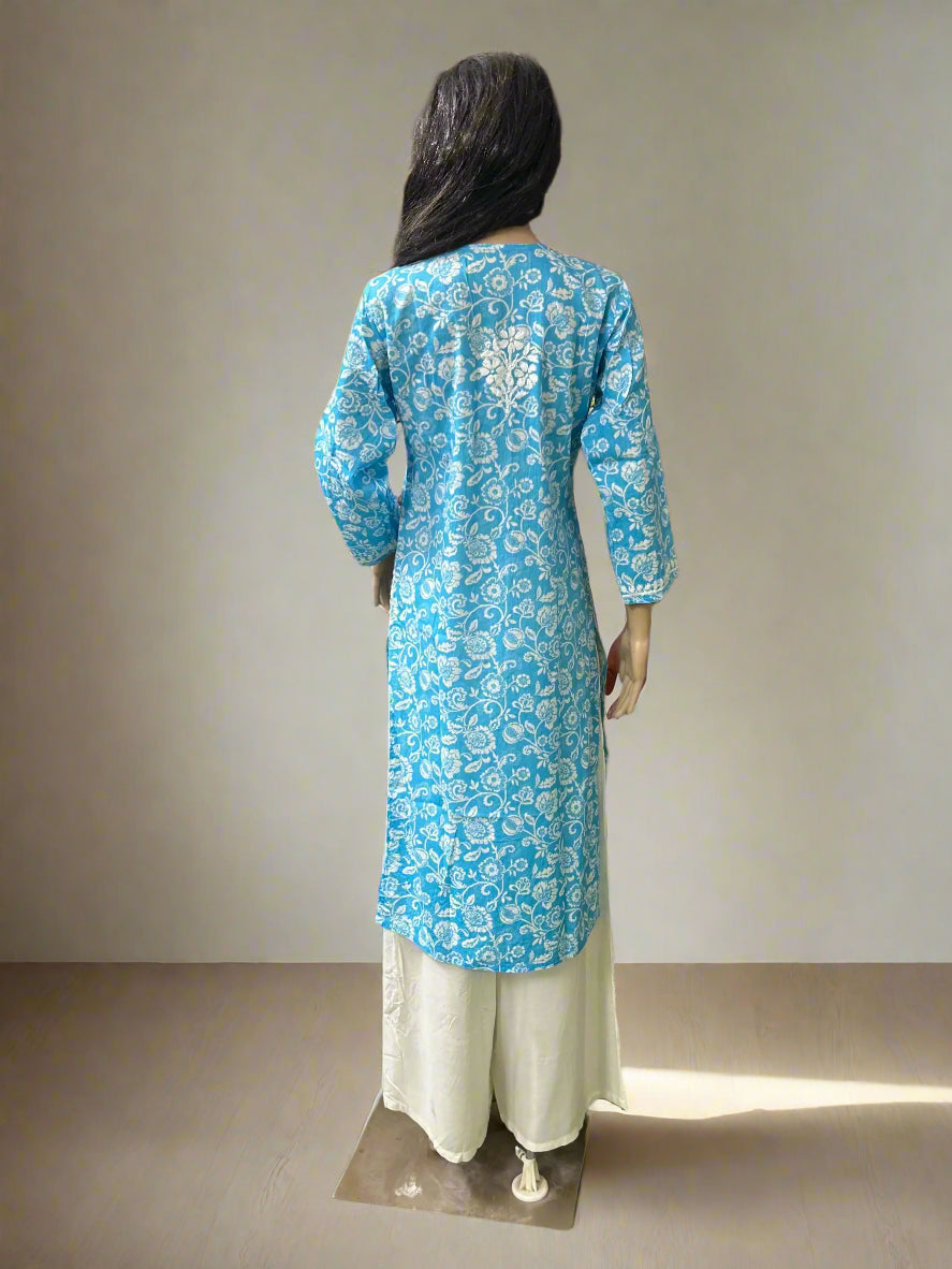 Lucknowi Chikankari Blue Printed Cotton Kurti-K000079
