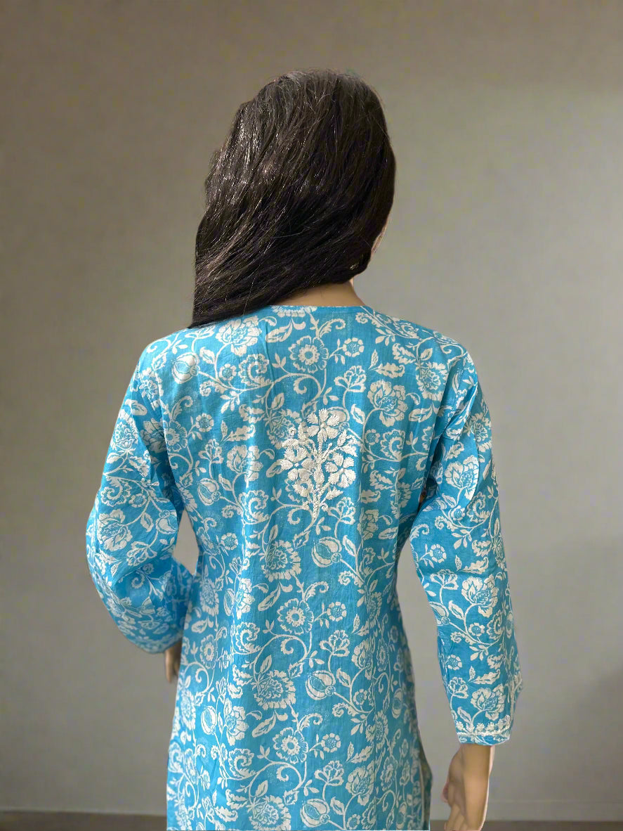 Lucknowi Chikankari Blue Printed Cotton Kurti-K000079