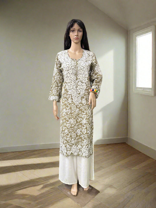 Lucknowi Chikankari Sage Green Printed Cotton Kurti-K000078