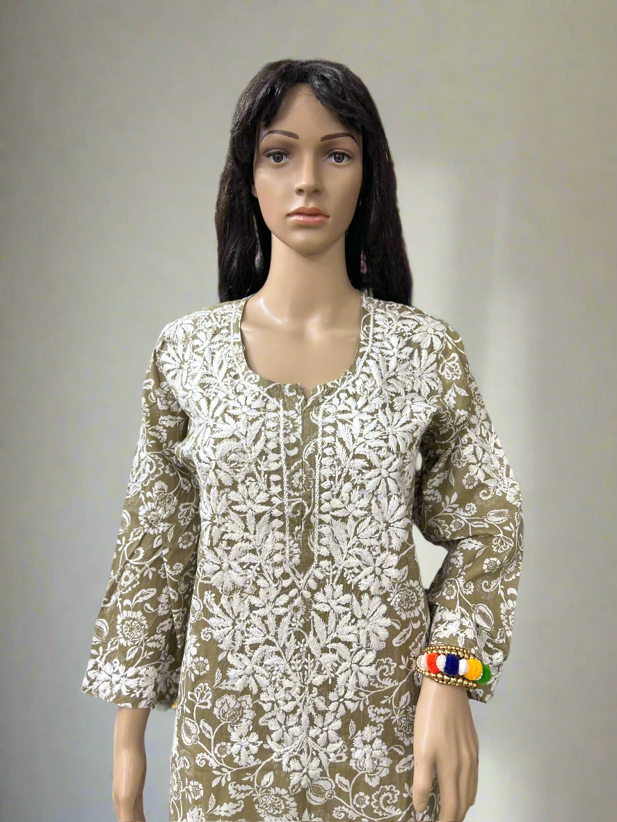Lucknowi Chikankari Sage Green Printed Cotton Kurti-K000078