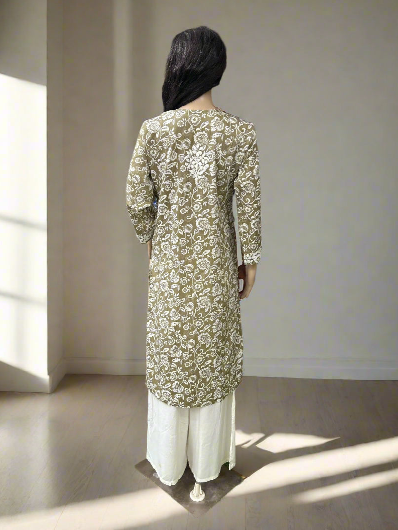 Lucknowi Chikankari Sage Green Printed Cotton Kurti-K000078