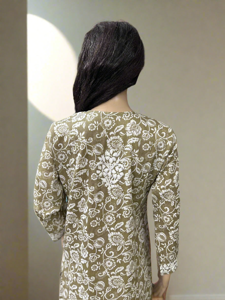 Lucknowi Chikankari Sage Green Printed Cotton Kurti-K000078