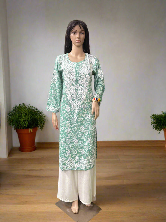 Lucknowi Chikankari Green Printed Cotton Kurti-K000080