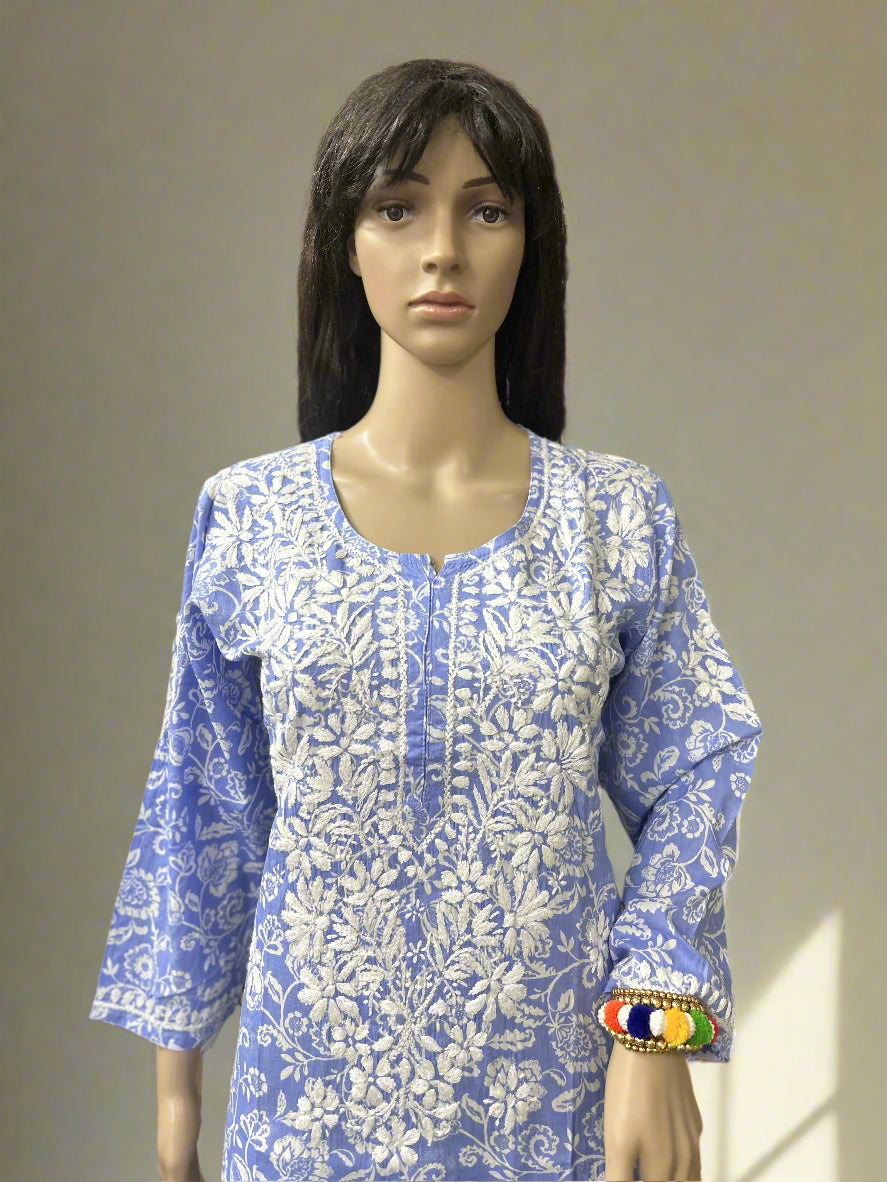 Lucknowi Chikankari Purple Printed Cotton Kurti-K000081