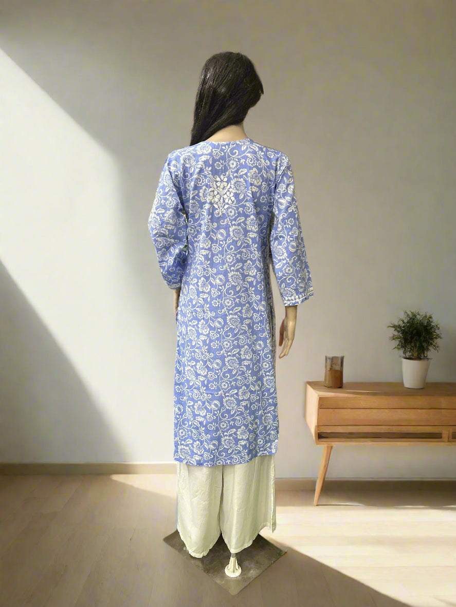 Lucknowi Chikankari Purple Printed Cotton Kurti-K000081