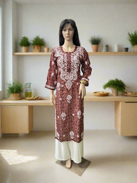 Lucknowi Chikankari Coke Printed Faux Kota Kurti-K000123