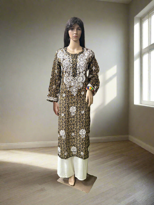 Lucknowi Chikankari Brown Printed Faux Kota Kurti-K000126