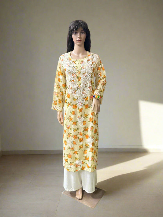 Lucknowi Chikankari Fawn Printed Faux Kota Kurti-K000127