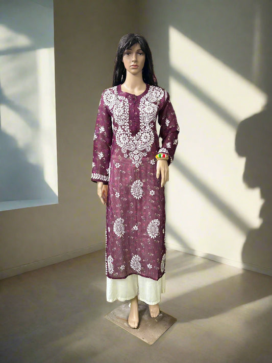 Lucknowi Chikankari Wine 'Jamuni' Printed Faux Kota Kurti-K40091