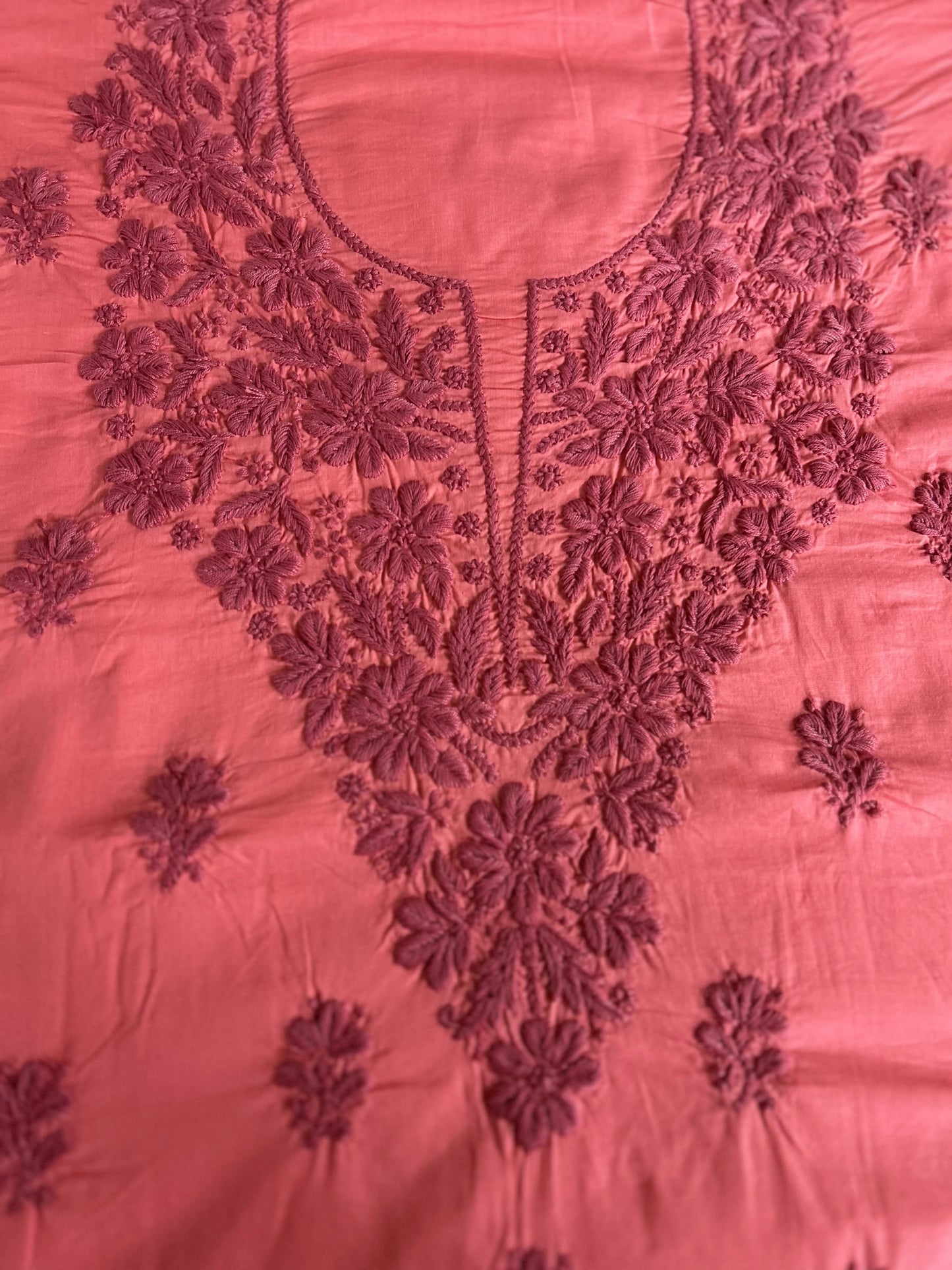 Lucknowi Chikankari Unstitched Coral Pink Cotton Kurta-Bottom Fabric-U20015