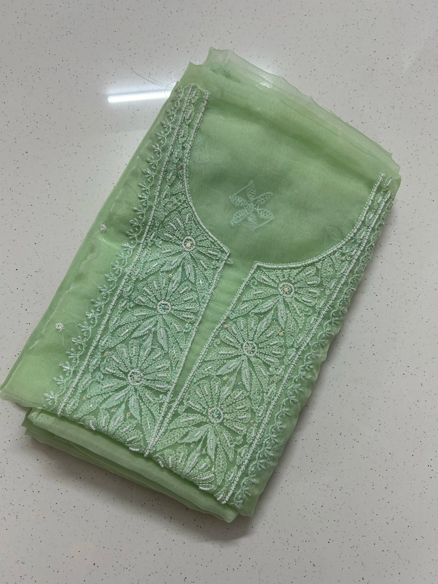 Lucknowi Chikankari Unstitched Green 'Bahar' Organza Kurta-Dupatta Fabric-PG400078