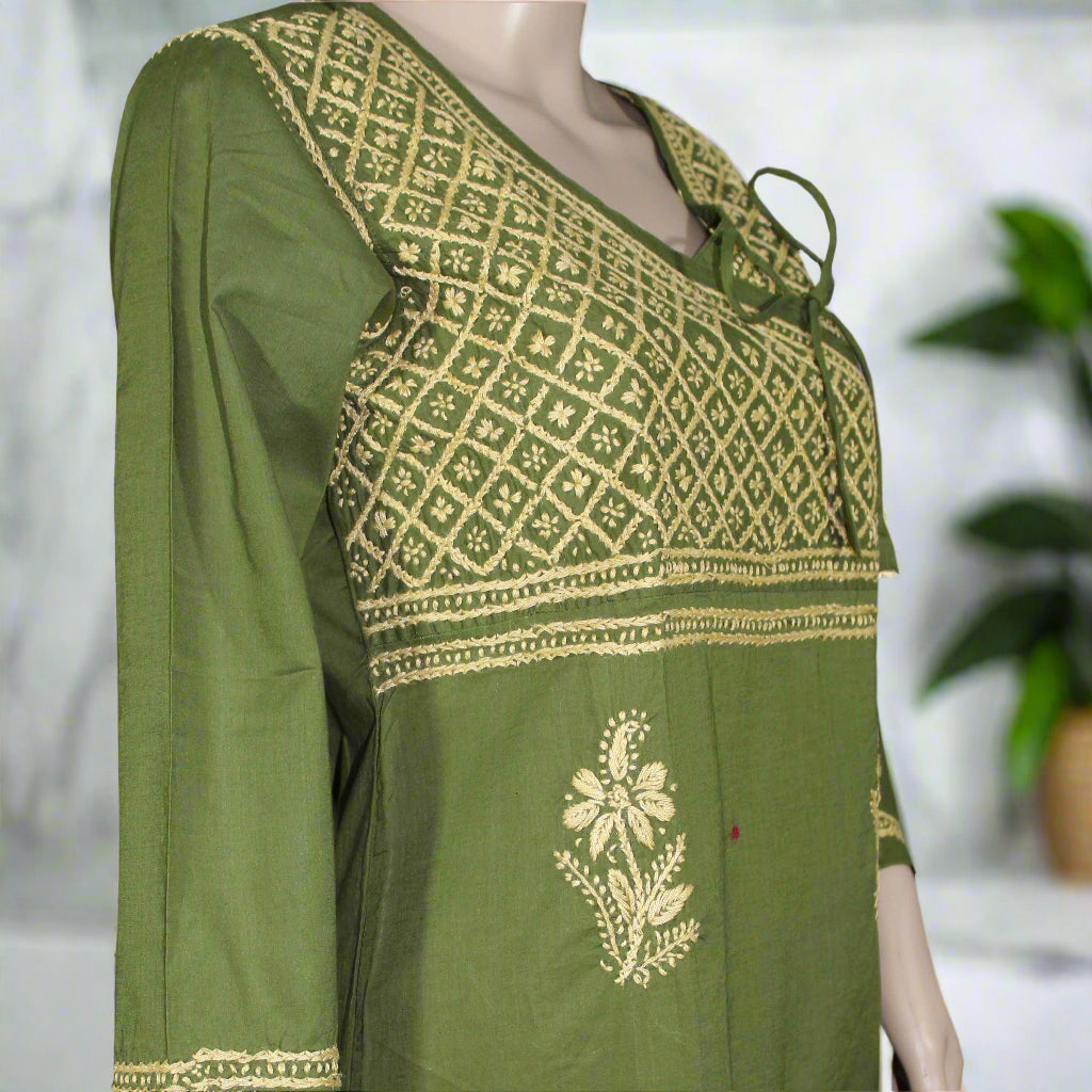 Lucknowi Chikankari Mahendi Green Cotton Angrakha-K40009