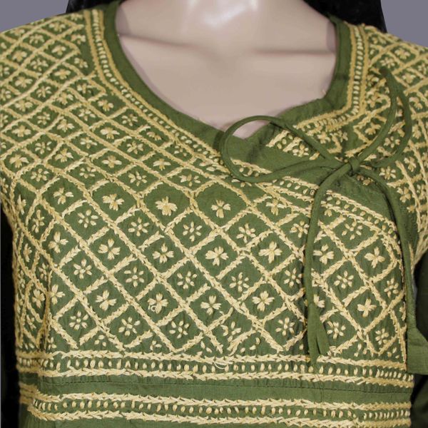 Lucknowi Chikankari Mahendi Green Cotton Angrakha-K40009