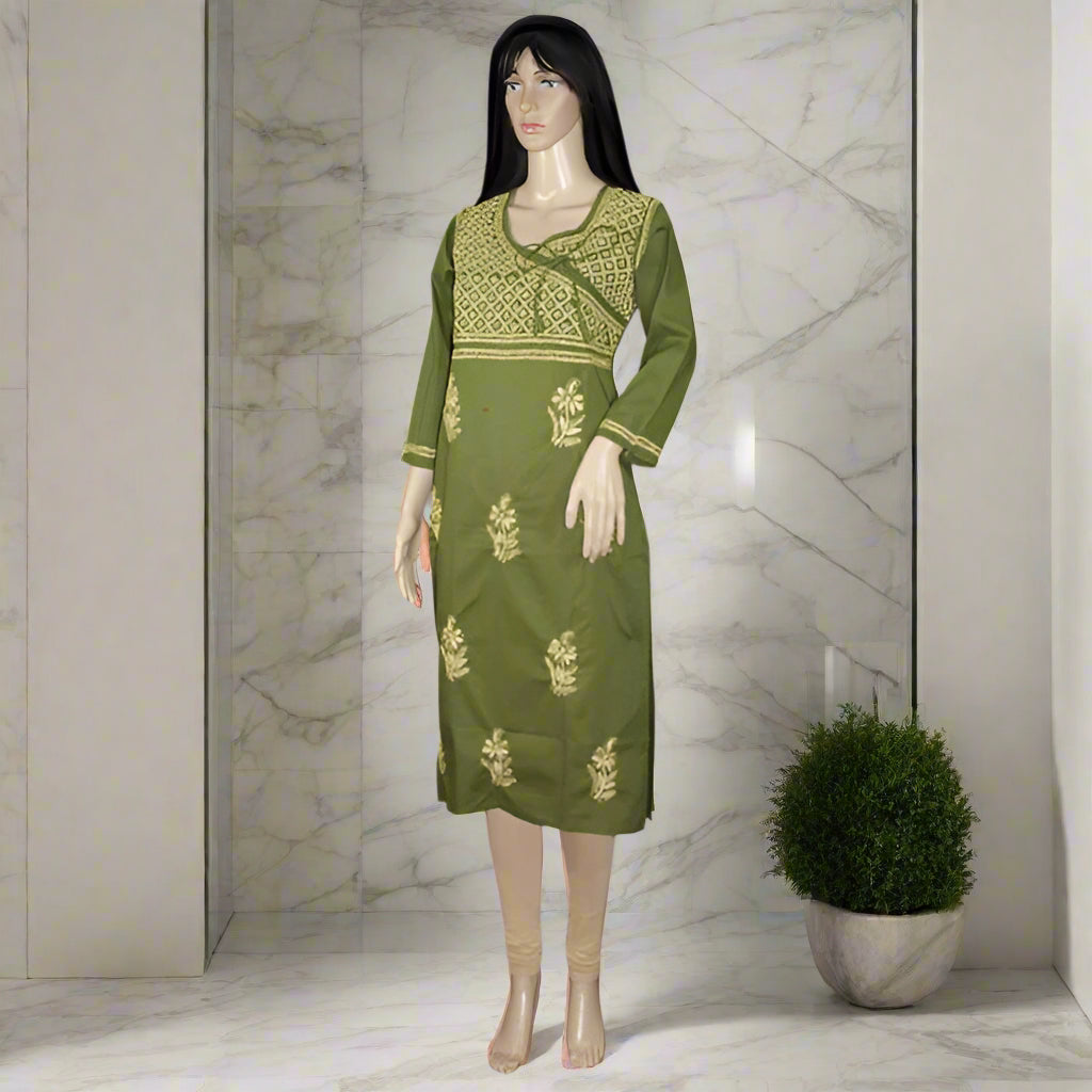 Lucknowi Chikankari Mahendi Green Cotton Angrakha-K40009