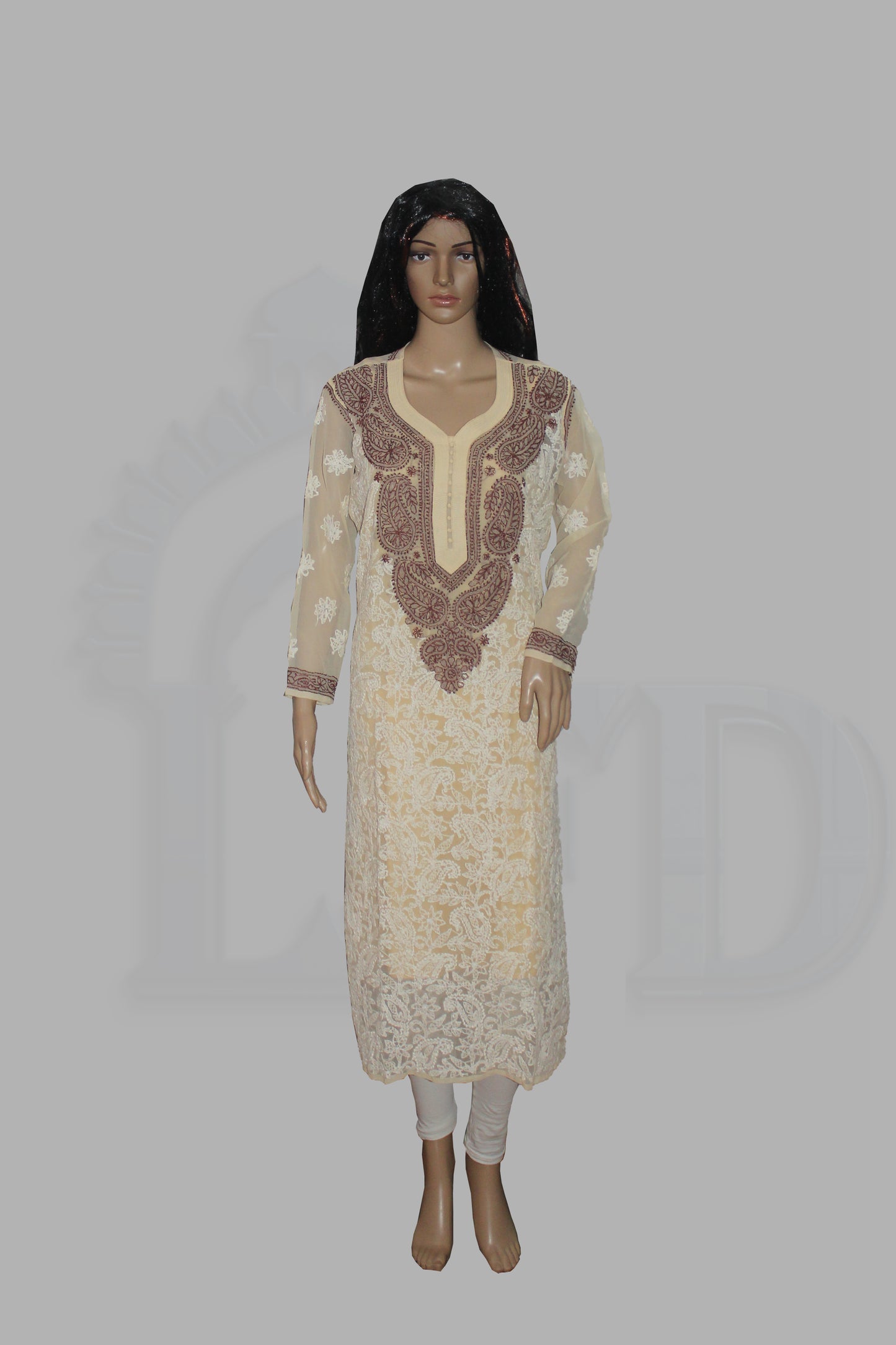 Lucknowi Chikankari Fawn 'Karimi' Georgette Kurti-K50004