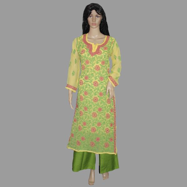 Lucknowi Chikankari Yellow 'Sunehri' Georgette Kurti-K30022