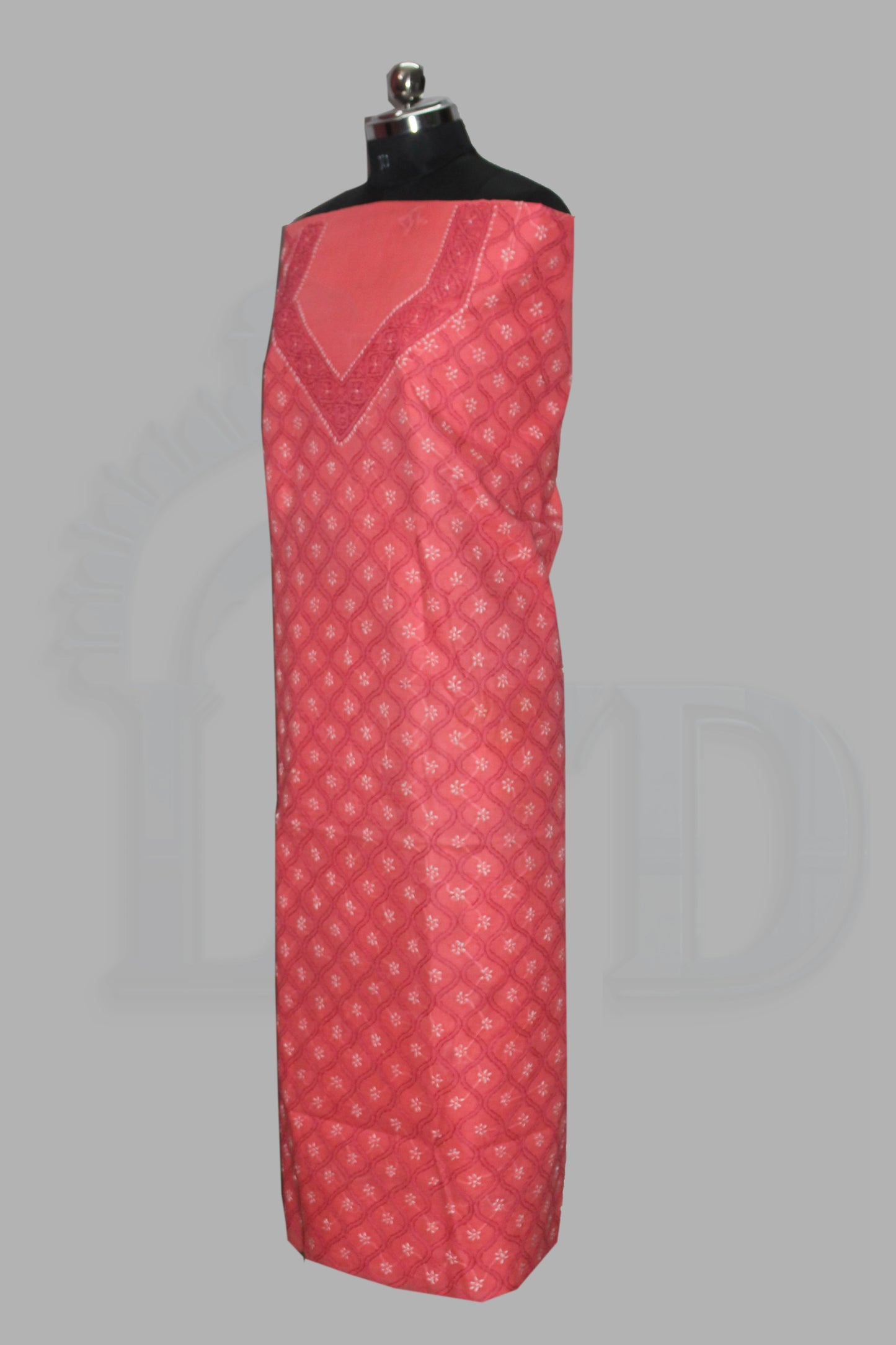 Lucknowi Chikankari Unstitched Coral Pink Cotton Kurta-Bottom Fabric-U20007