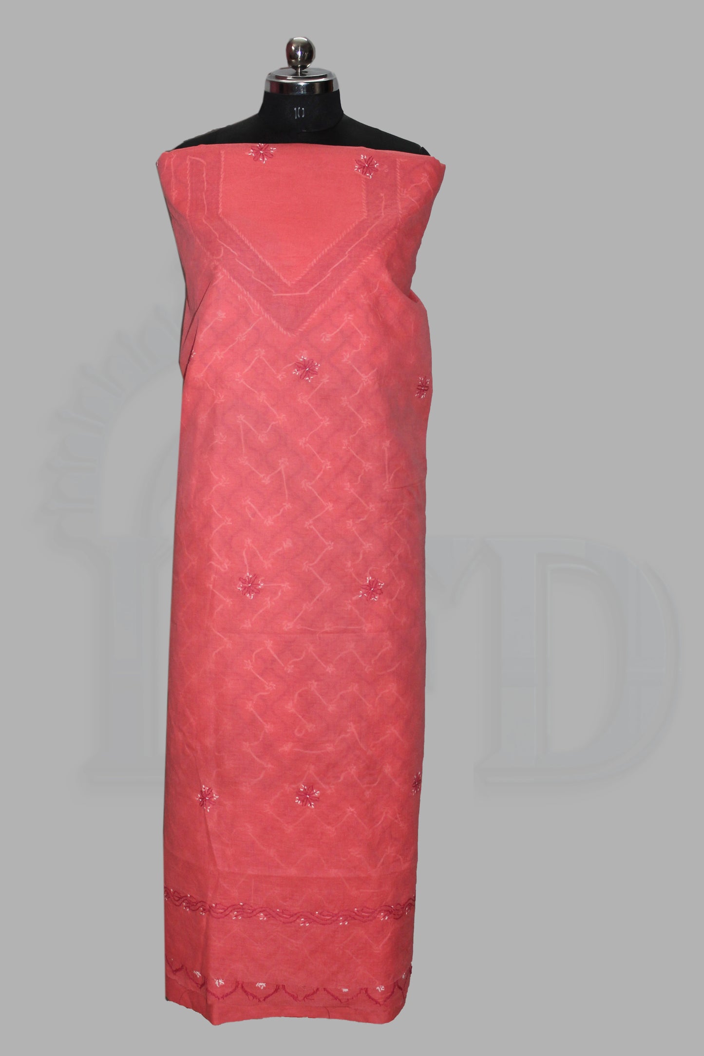 Lucknowi Chikankari Unstitched Coral Pink Cotton Kurta-Bottom Fabric-U20007