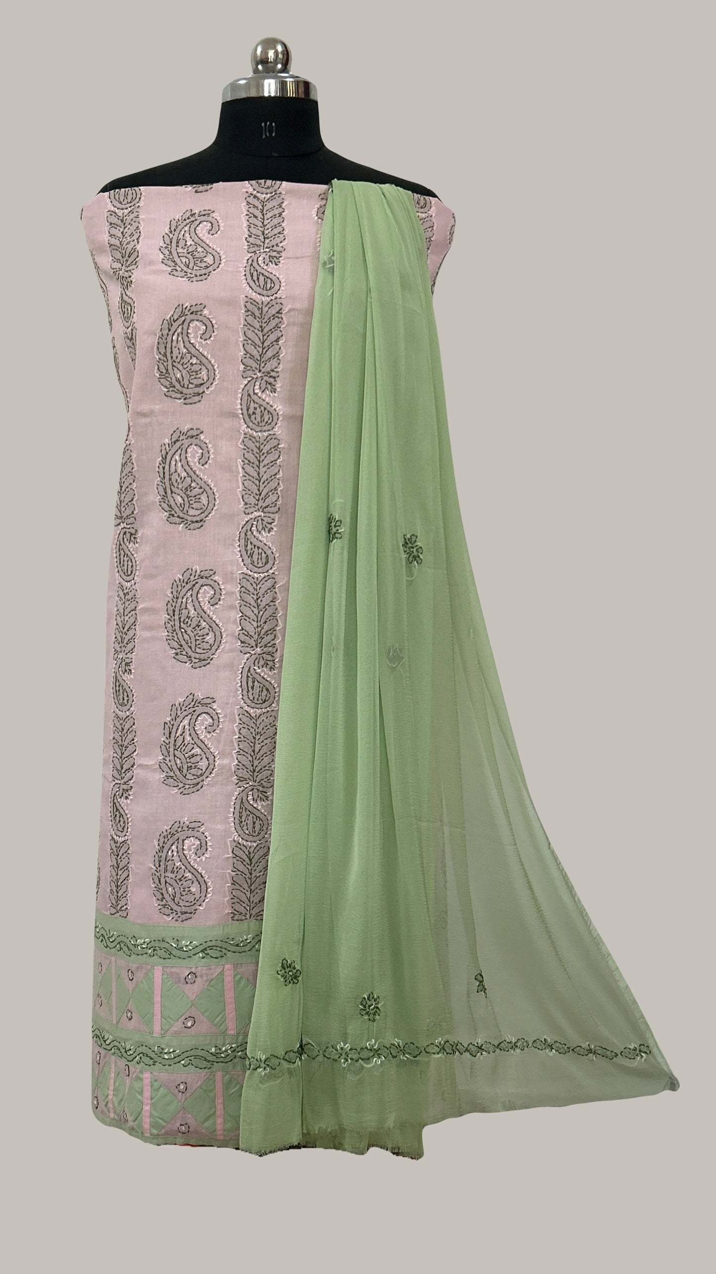 Lucknowi Chikankari Unstitched Pink Cotton Kurta-Bottom-Dupatta Fabric-U30011