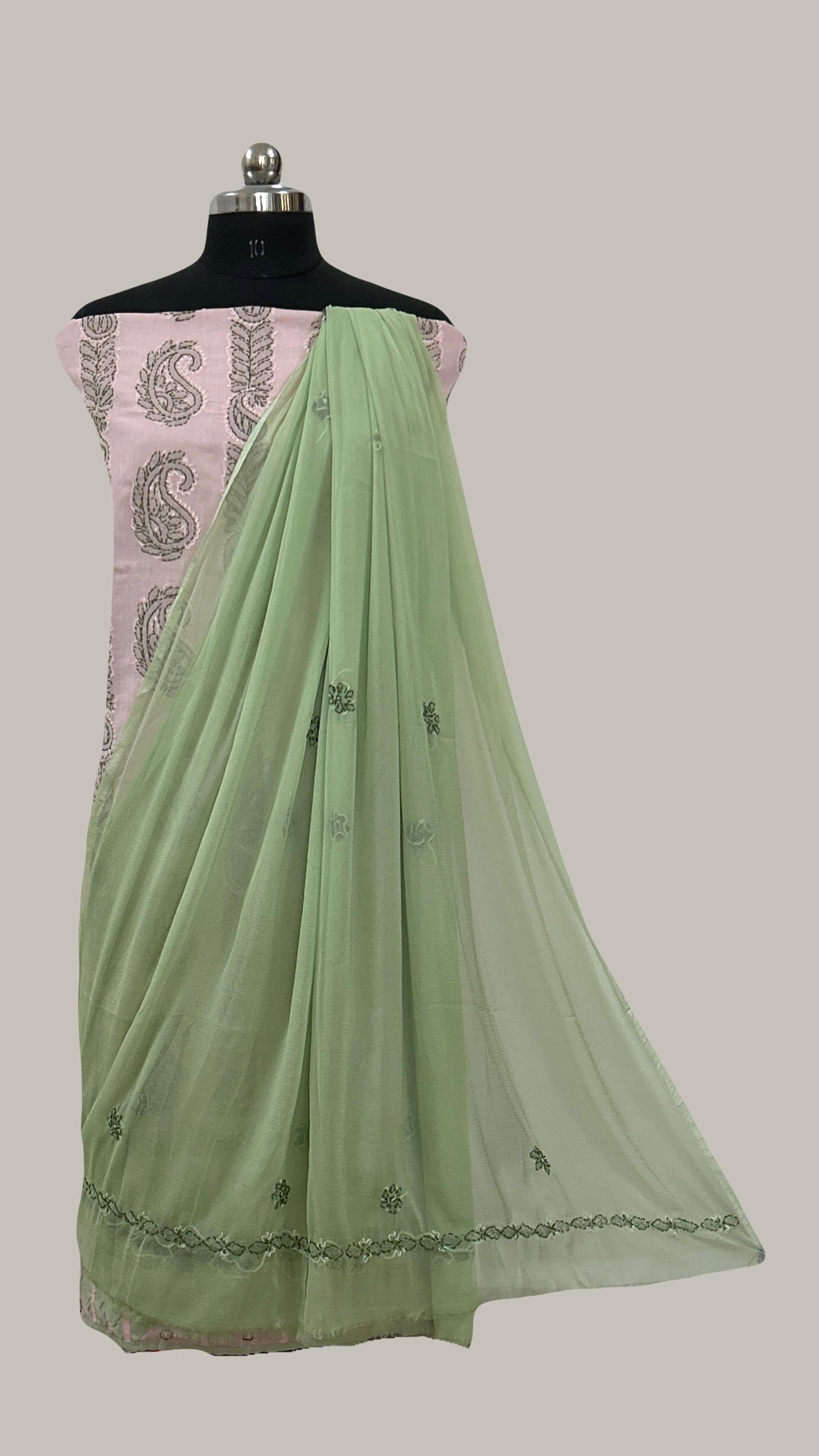 Lucknowi Chikankari Unstitched Pink Cotton Kurta-Bottom-Dupatta Fabric-U30011