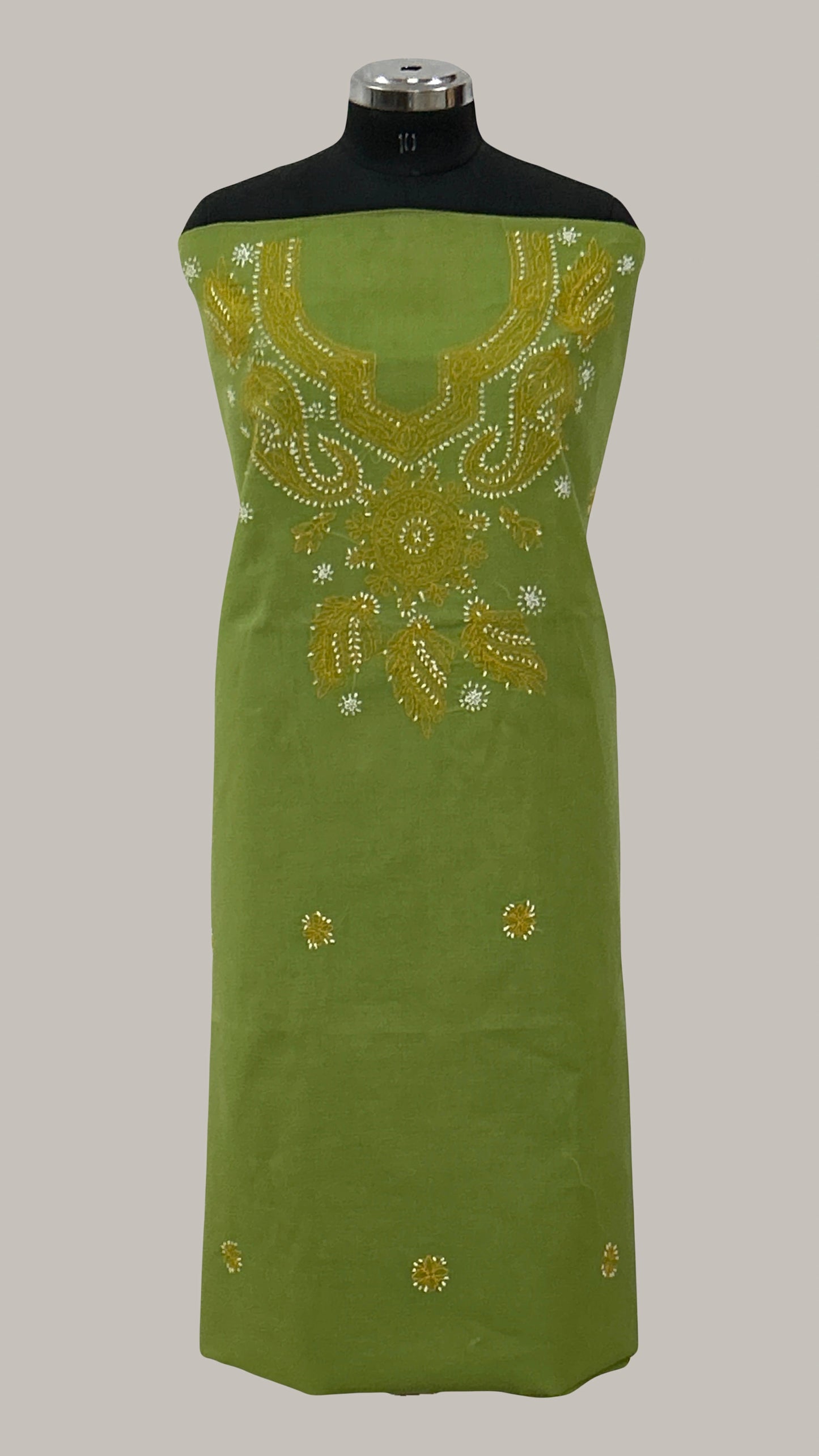 Lucknowi Chikankari Unstitched Green Cotton Kurta-Bottom-Dupatta Fabric-U30012