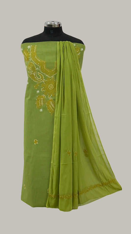 Lucknowi Chikankari Unstitched Green Cotton Kurta-Bottom-Dupatta Fabric-U30012