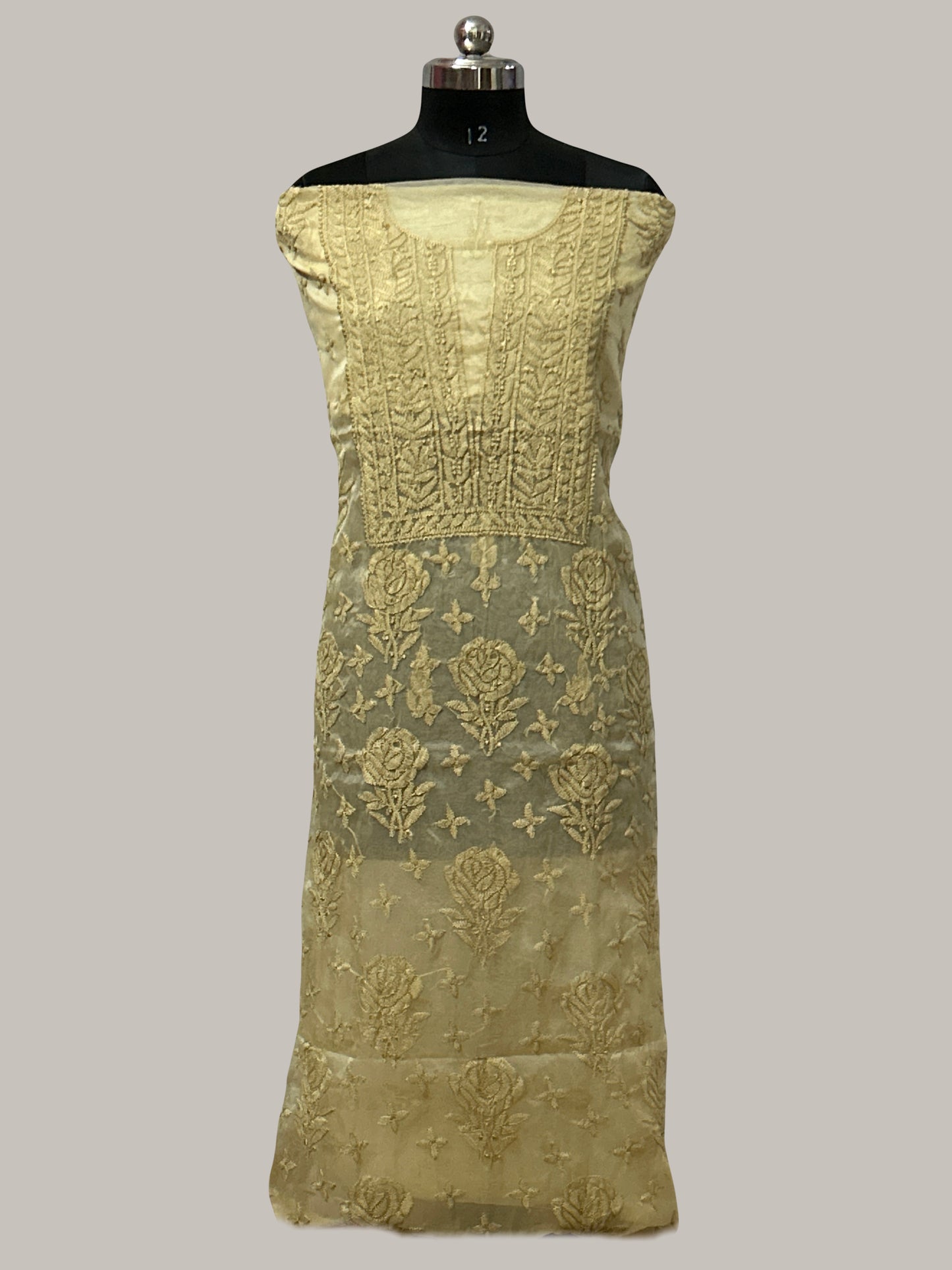 Lucknowi Chikankari Unstitched Golden Fawn Organza Kurta Fabric-PG100022