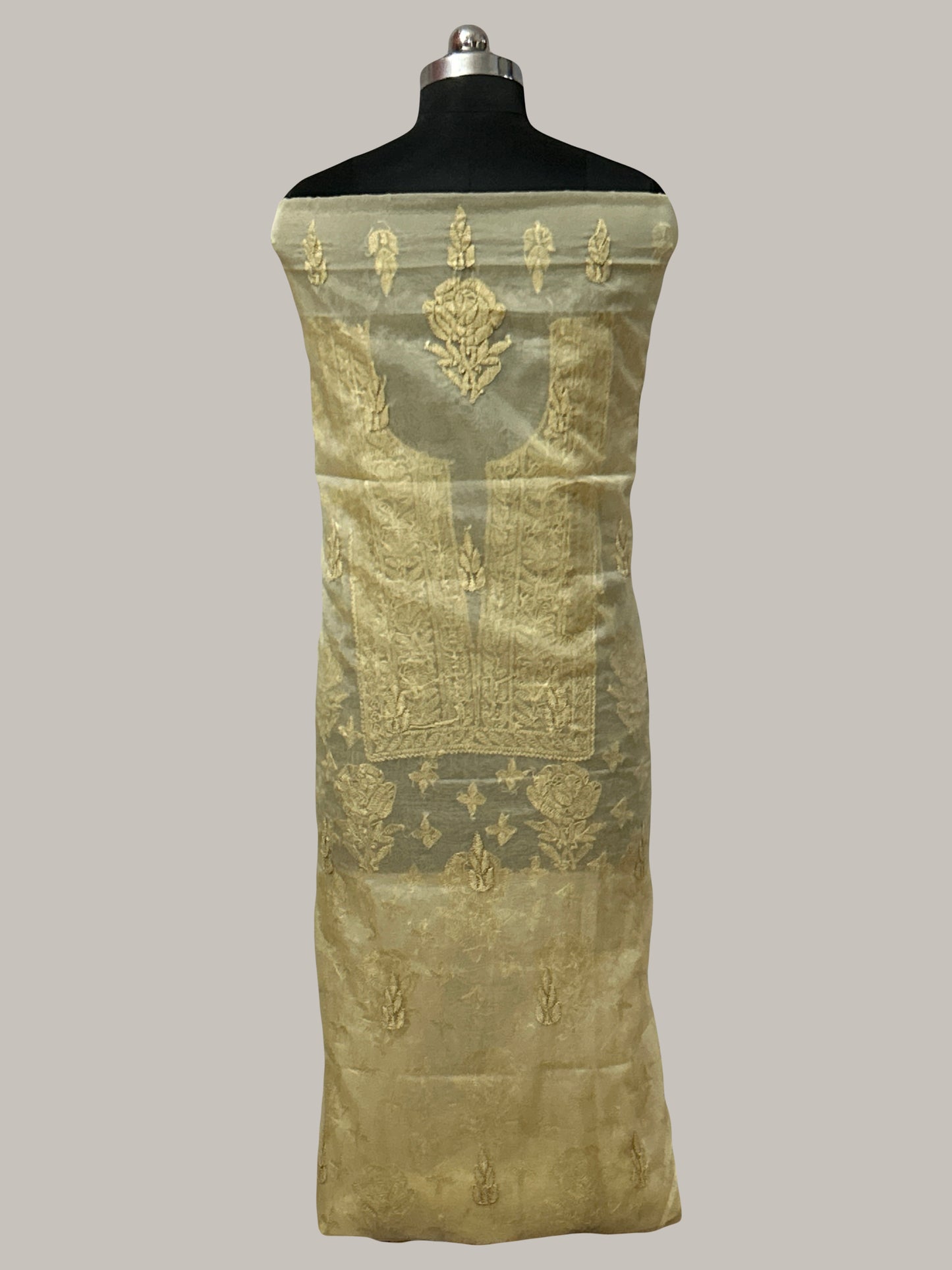 Lucknowi Chikankari Unstitched Golden Fawn Organza Kurta Fabric-PG100022