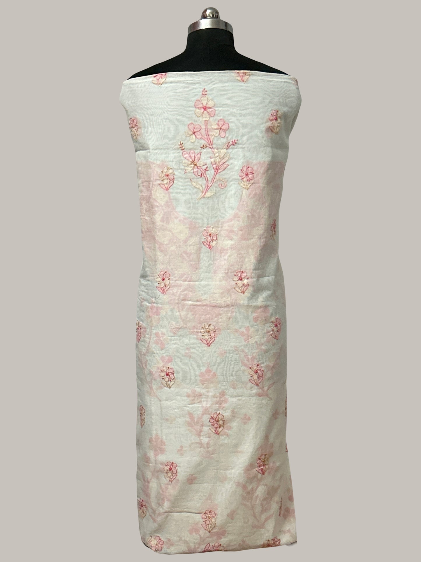 Lucknowi Chikankari Unstitched Cream Chanderi Kurta Fabric-U10023