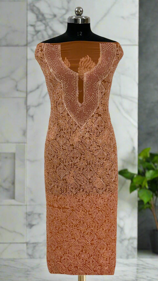 Lucknowi Chikankari Unstitched Orange Georgette Kurta Fabric-PG100045